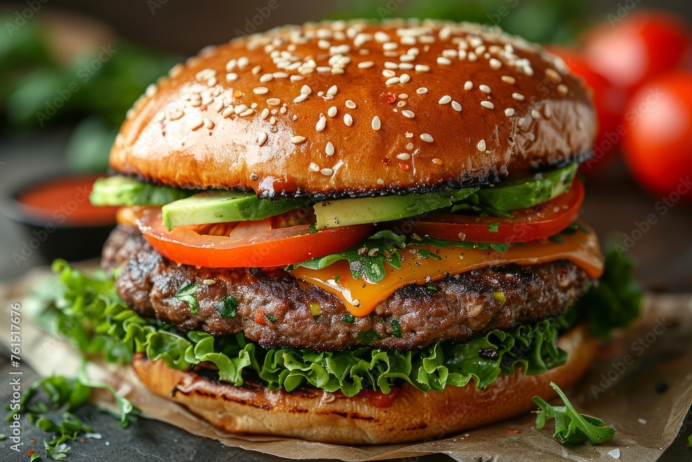 Classic Homemade Veggie Burger with Fresh Toppings and Sesame Bun Classic Homemade Veggie Burger with Fresh Toppings and Sesame Bun