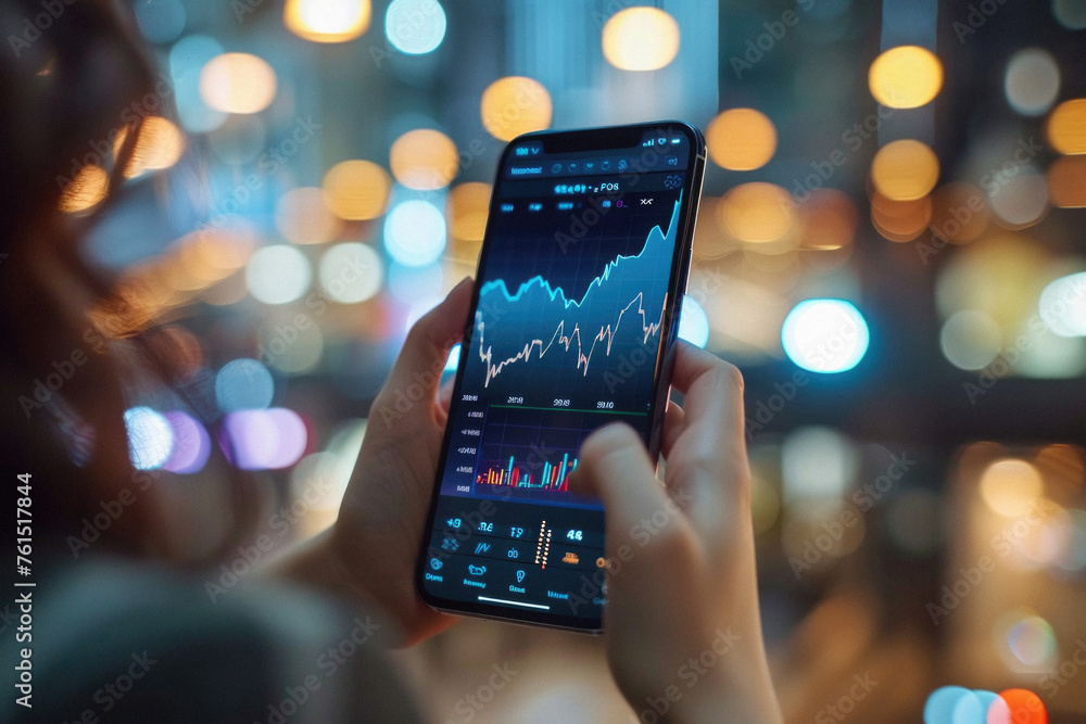 Stock trading investor, trader or broker using crypto exchange platform app on smartphone analysing exchange market chart investing money in financial market on mobile screen with cell phone in hands. - obrazy, fototapety, plakaty 