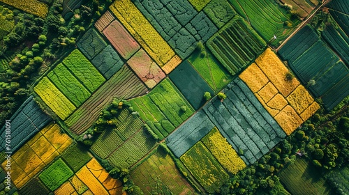 Patchwork of Colorful Crop Fields from Above An arial view of a vibrant patchwork of various crop fields creating a colorful agricultural mosaic.

