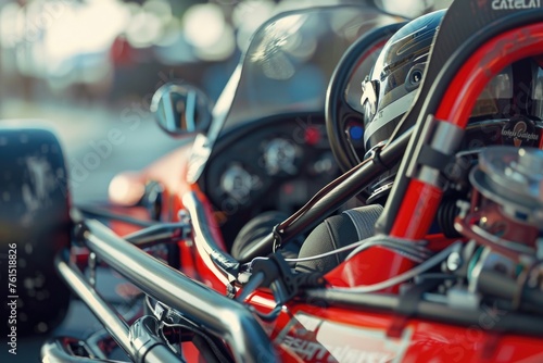 Close up of a motorcycle with a vibrant red engine. Perfect for automotive and transportation themes © Fotograf
