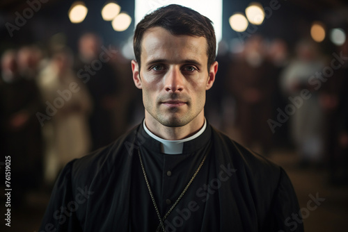 Generated with AI photography of young priest looking at camera in church