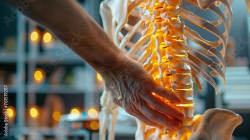 Detailed view of chiropractor's hand highlighting middle back on skeletal model. photo