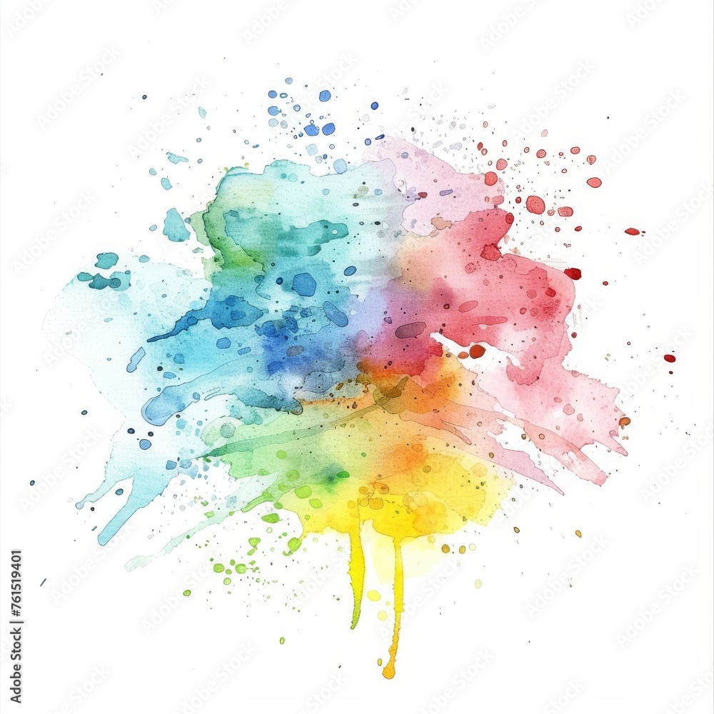 A dynamic explosion of watercolor droplets in primary colors on a pure white backdrop, embodying joy and creative freedom.