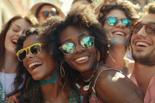 Group of smiling people wearing sunglasses, perfect for lifestyle and summer concepts © Fotograf
