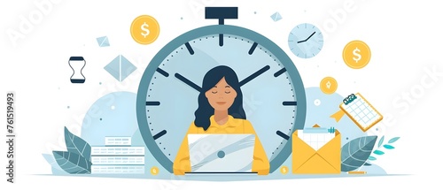 woman working on laptop huge clock behind her and mobile phone, envelope, calendar, coin, notebook and hourglass around a huge clock, time management concept