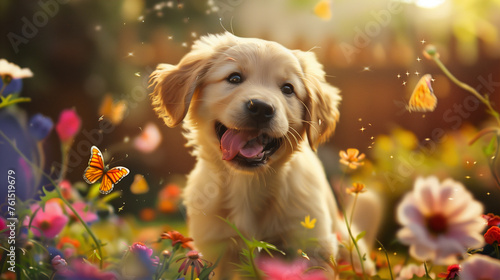 A playful golden retriever puppy enjoys the charm of a blooming garden, surrounded by butterflies and bathed in warm sunlight, depicting joy and the beauty of nature