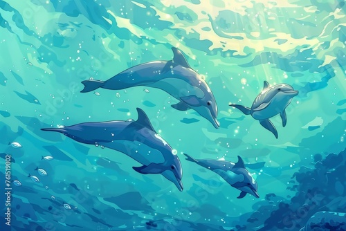A group of playful dolphins swimming in crystal-clear waters