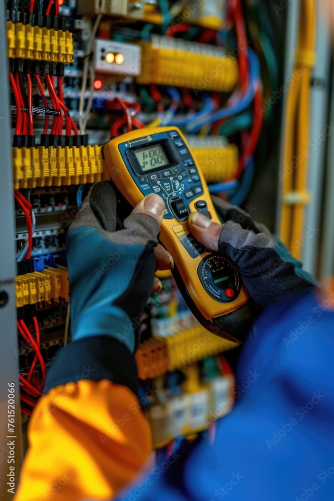 A person holding a multimeter in front of a bunch of wires. Suitable for technology and electrical engineering concepts A person holding a multimeter in front of a bunch of wires. Suitable for technology and electrical engineering concepts