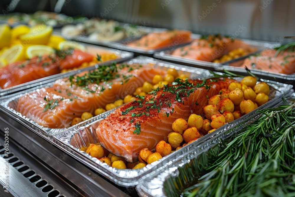 Prepared Salmon Fillets and Roasted Chickpeas in Catering Trays