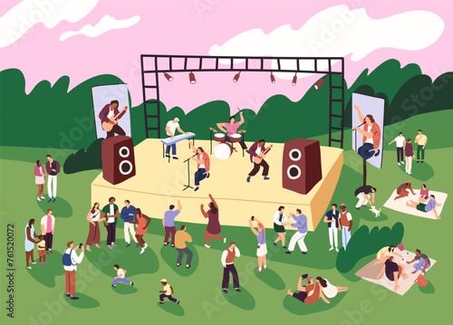 Open air music festival. Musicians play perform on stage. People crowd listens to performance, have picnic, dance on live rock concert outdoor. Pop band sings song in park. Flat vector illustration