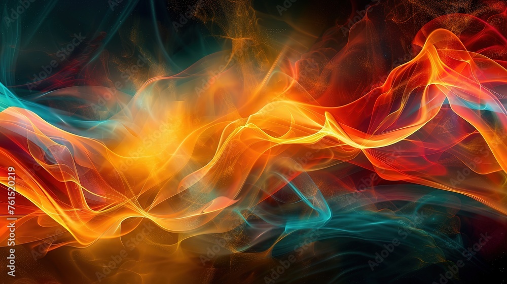 Fototapeta premium Vibrant abstract composition depicting dynamic flame-like waves intertwined with futuristic tech elements, real photo, stock photography 