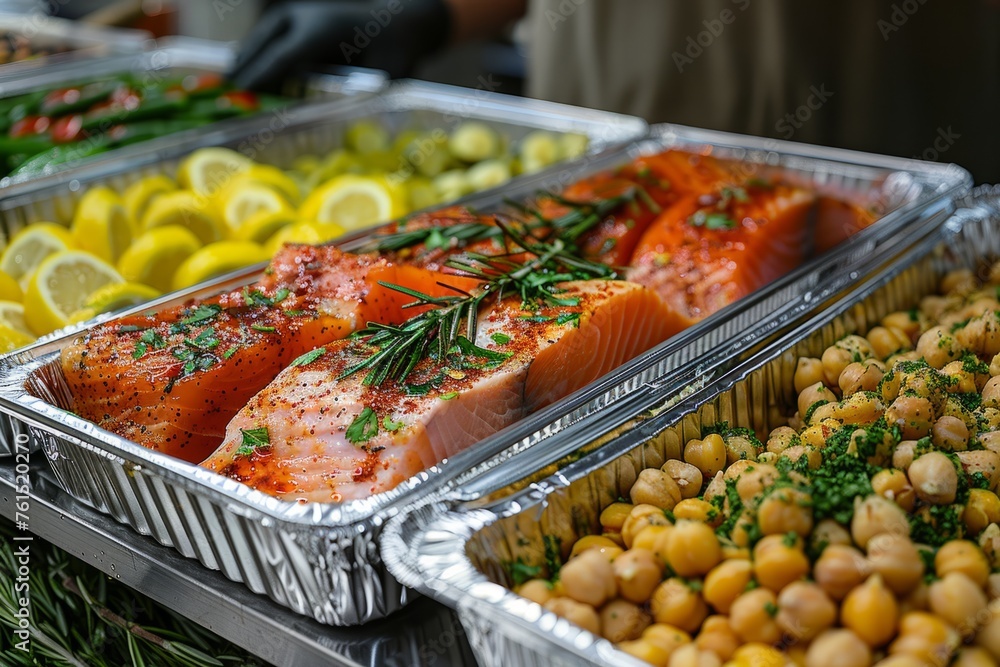 Prepared Salmon Fillets and Roasted Chickpeas in Catering Trays