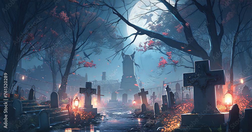 A spooky graveyard with misty trees at a full moon lit night