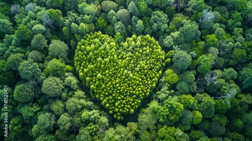 Aerial view of a dense forest with a natural heart-shaped formation of trees symbolizing love for nature.