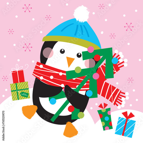 penguin with christrmas tree greeting card design