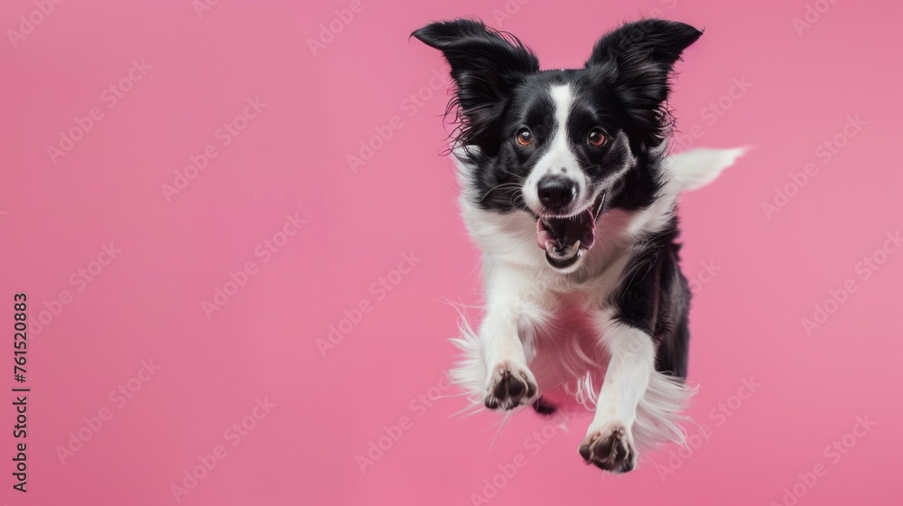 A playful black and white dog leaping in the air. Perfect for pet products advertising