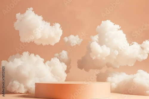 Empty totally peach-colored podium; white cotton clouds on background.