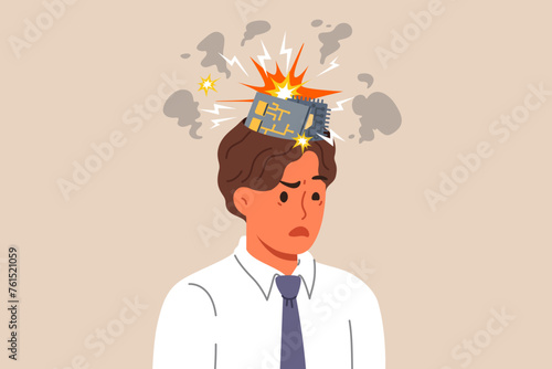 Man robot with exploding computer boards in head due to overload with work tasks. Bionic robot with damaged PCB instead of brain needs repair or replacement of components with new ones