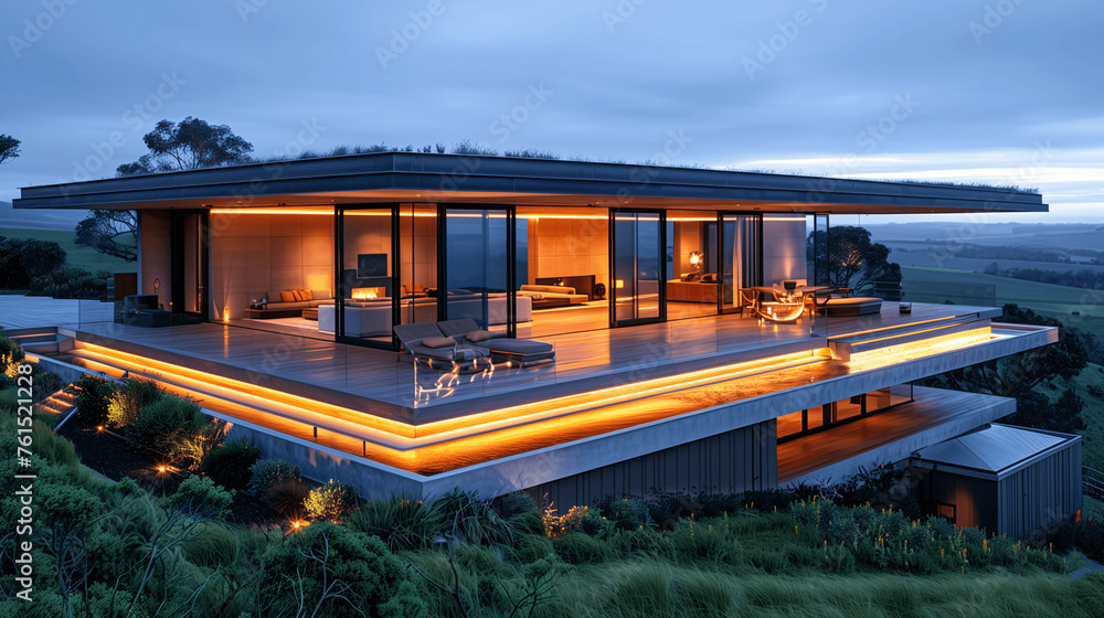 Modern House Exterior at Twilight with Landscape Lighting