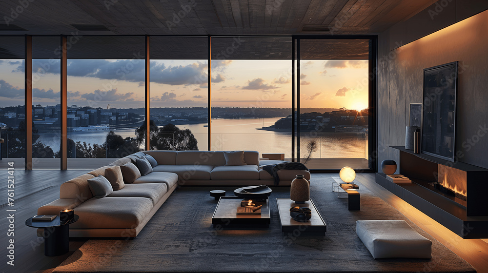 Modern Living Room with Panoramic Waterfront View at Sunset