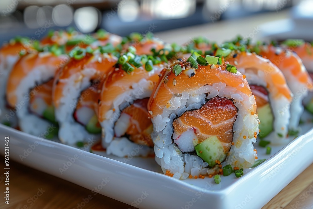 Artful Sushi Rolls Topped with Fresh Salmon and Delicate Garnishes Artful Sushi Rolls Topped with Fresh Salmon and Delicate Garnishes