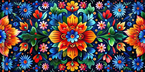 illustration of a cartoon traditional folk art colored mexican a variety of flowers, banner photo