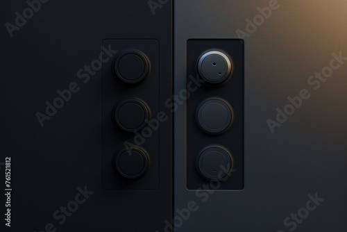Close up of a black door with three buttons. Suitable for technology or security concepts