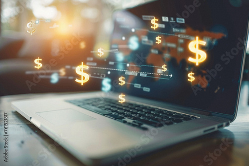 Digital financial business market charts on laptop screen background. Stock exchange trading investment graph with usd american dollar money symbols. Trade data analysis, investing finances concept. photo