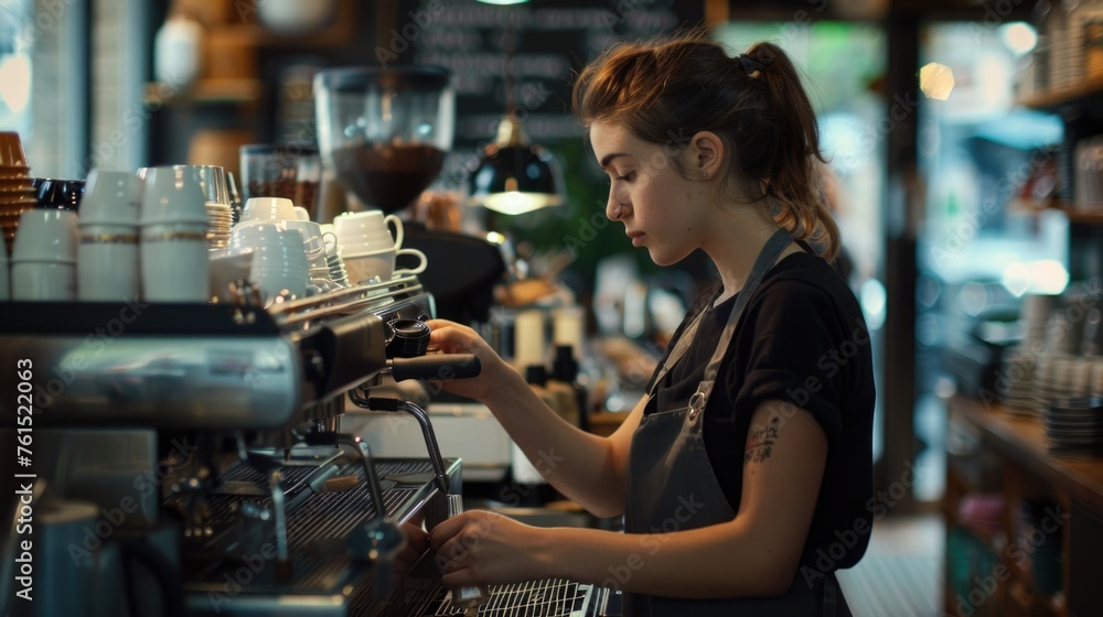 A woman busy working at a coffee shop. Suitable for cafe business concepts
