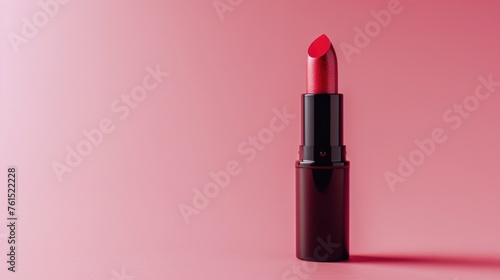 a red lipstick on on pink background with copy space