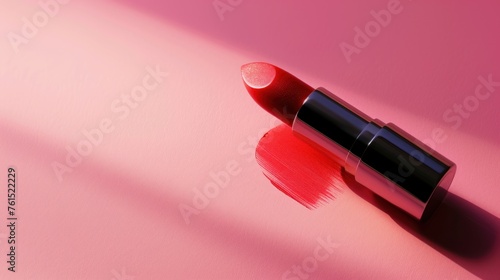 a red lipstick on on pink background with copy space