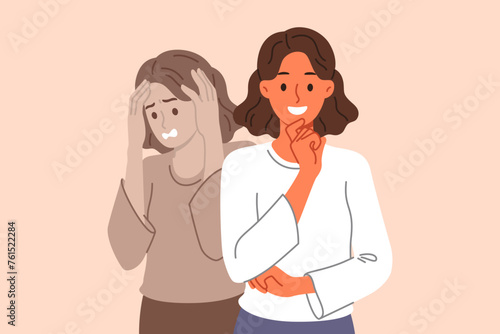 Outwardly happy woman hides bad emotions and smiles, trying not to bother others with problems. Business lady experiencing depressed emotions demonstrates calmness thanks to self-confidence.