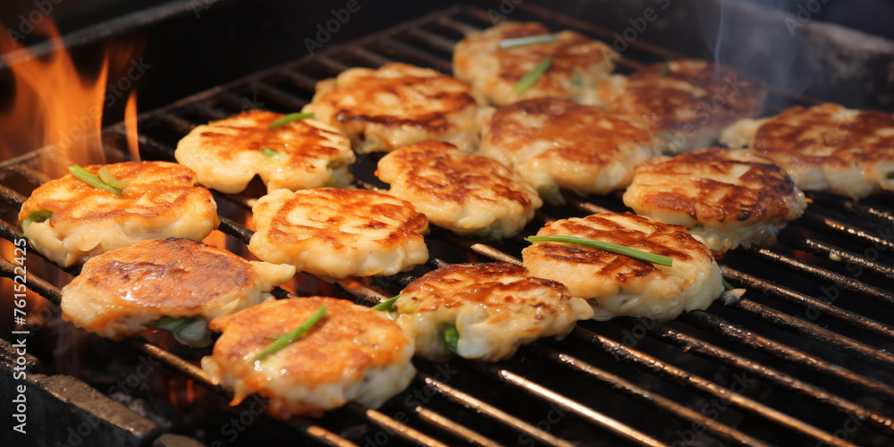 Meat cutlets are grilled. Cooking seafood dishes on fire. BBQ cutlets for hearty dinner