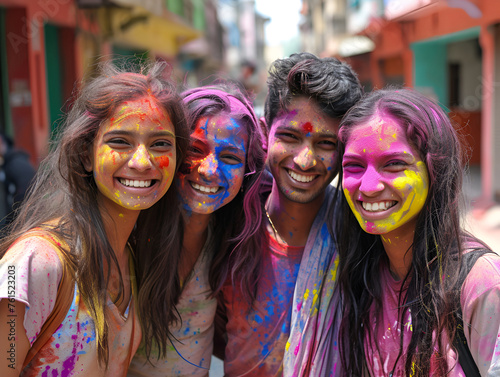 Friends in bright powder colors holi at the festival