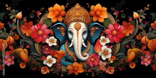 Indian elephant among colorful flowers. Traditional eastern talisman. National Indian elephant. Asian culture photo