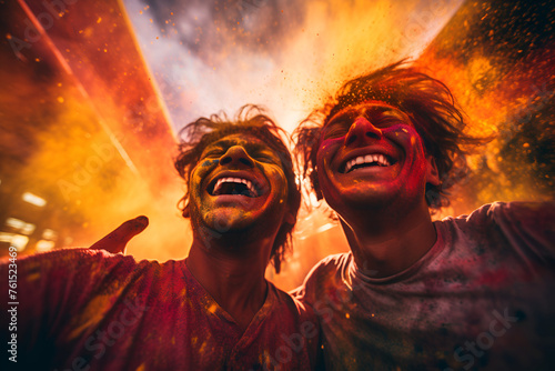 Men in a vibrant cloud of powdered colors, partaking in the joyous festivities of the Holi festival