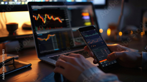 Stock trading investor, trader or broker using crypto exchange platform app on smartphone analysing exchange market chart investing money in financial market on mobile screen with phone and laptop.