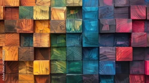 Fototapeta Naklejka Na Ścianę i Meble -  Abstract geometric rainbow colors colored 3d wooden square cubes texture wall background banner panorama long, textured wood wallpaper