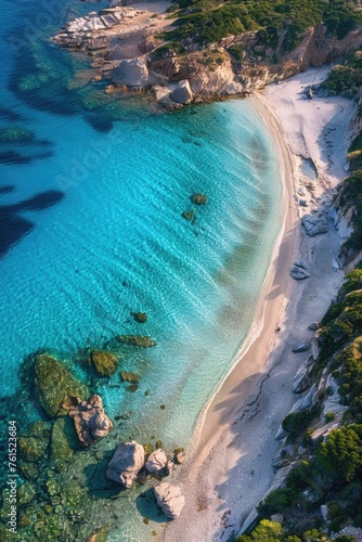 Aerial view of a sandy beach and clear water. Perfect for travel websites © Fotograf