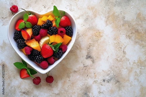 Top view on a heart shaped bowl with a fruit salad and copy space.