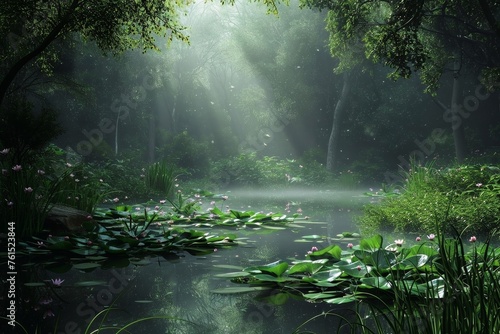 View of a pond in a fantasy forest with some water lilly flowers.