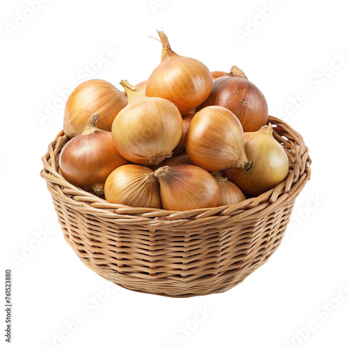 Fresh onions in a basket isolated on Transparent background.