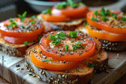 A row of sweet potato toasts topped with juicy tomato slices, sprinkled with herbs and seeds on a wooden board.