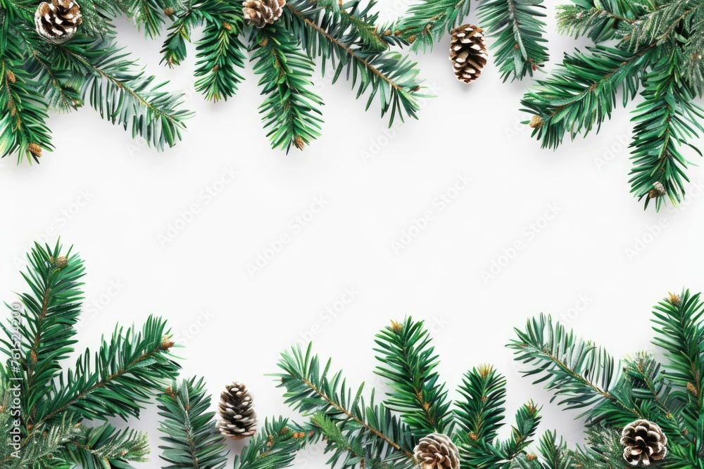 Pine branches and cones on a white background, perfect for winter themed designs