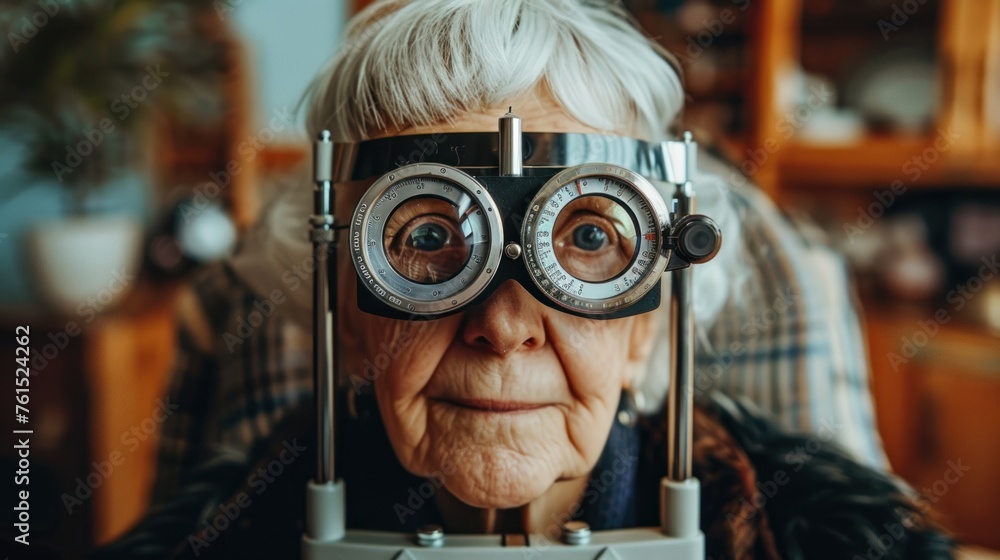 An elderly woman is testing her eyesight and trying on new glasses.