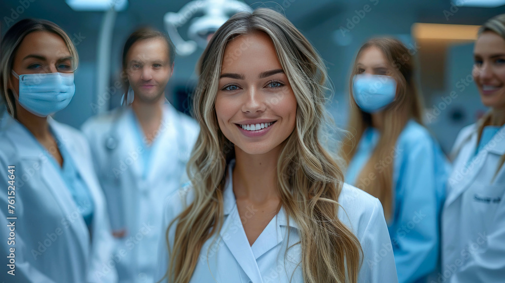 Fototapeta premium Portrait of a group of smiling medical students standing in a row