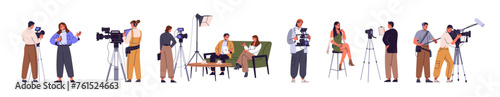 Video shooting set. Videographers recording talk show, interview with camera. Videography of news presenter, journalist on tv studio by cameraman. Flat isolated vector illustration on white background