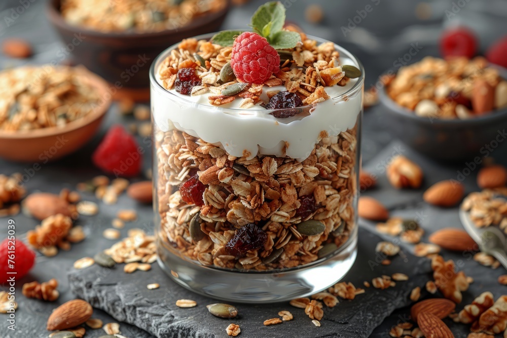 Layered granola parfait with yogurt, raspberries, and almonds in a clear glass. Layered granola parfait with yogurt, raspberries, and almonds in a clear glass.