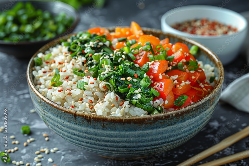 A bowl of rice with carrots, spinach, green onions, and sesame seeds. A bowl of rice with carrots, spinach, green onions, and sesame seeds.