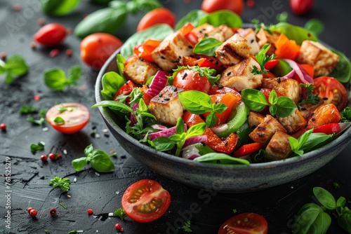 Colorful grilled chicken and vegetable salad with basil garnish.
